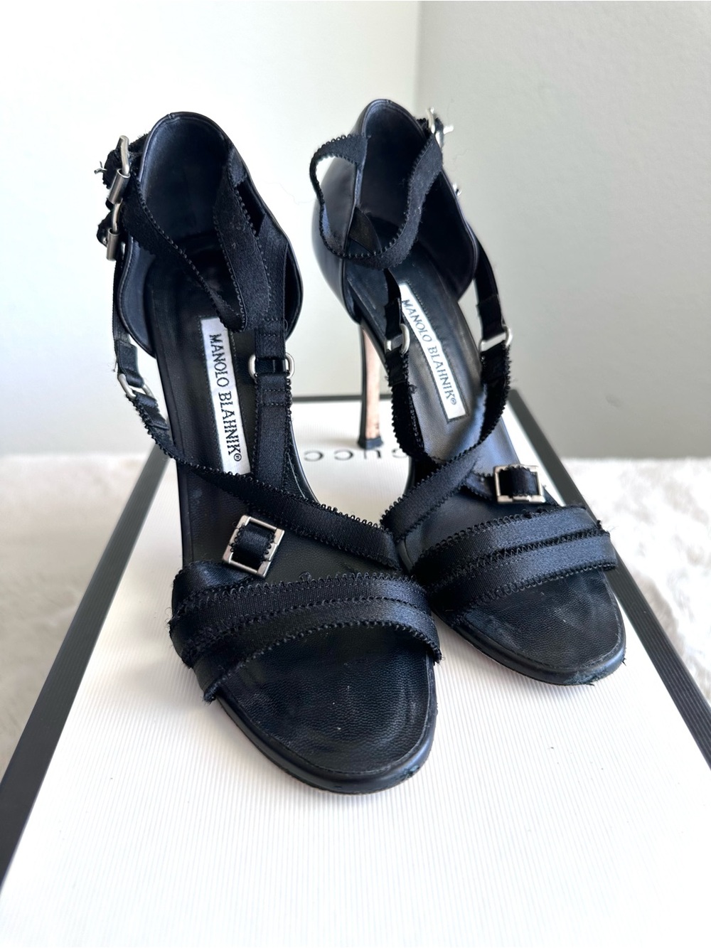 Vintage Manolo Blahnik Satin Leather Ruched Open Peep Toe Strap Heels 90s 35.5